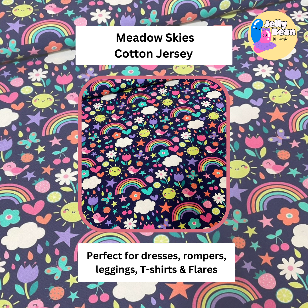 Meadow Skies - Jersey perfect for kids clothing - children's dresses, rompers, leggings, T-shirts, Flares