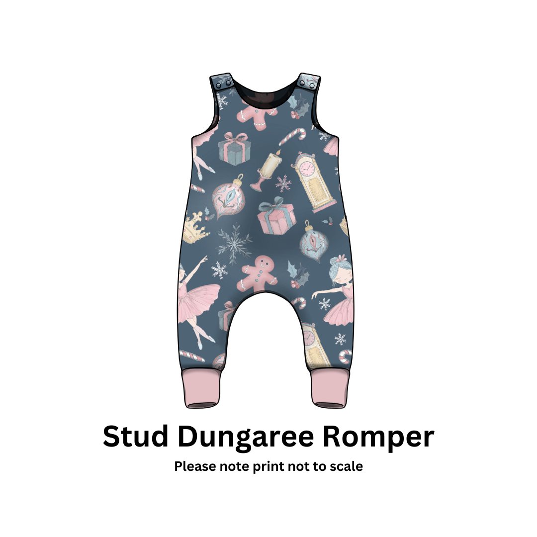 Stud Dungaree Romper with Ballerina and gingerbread man pattern