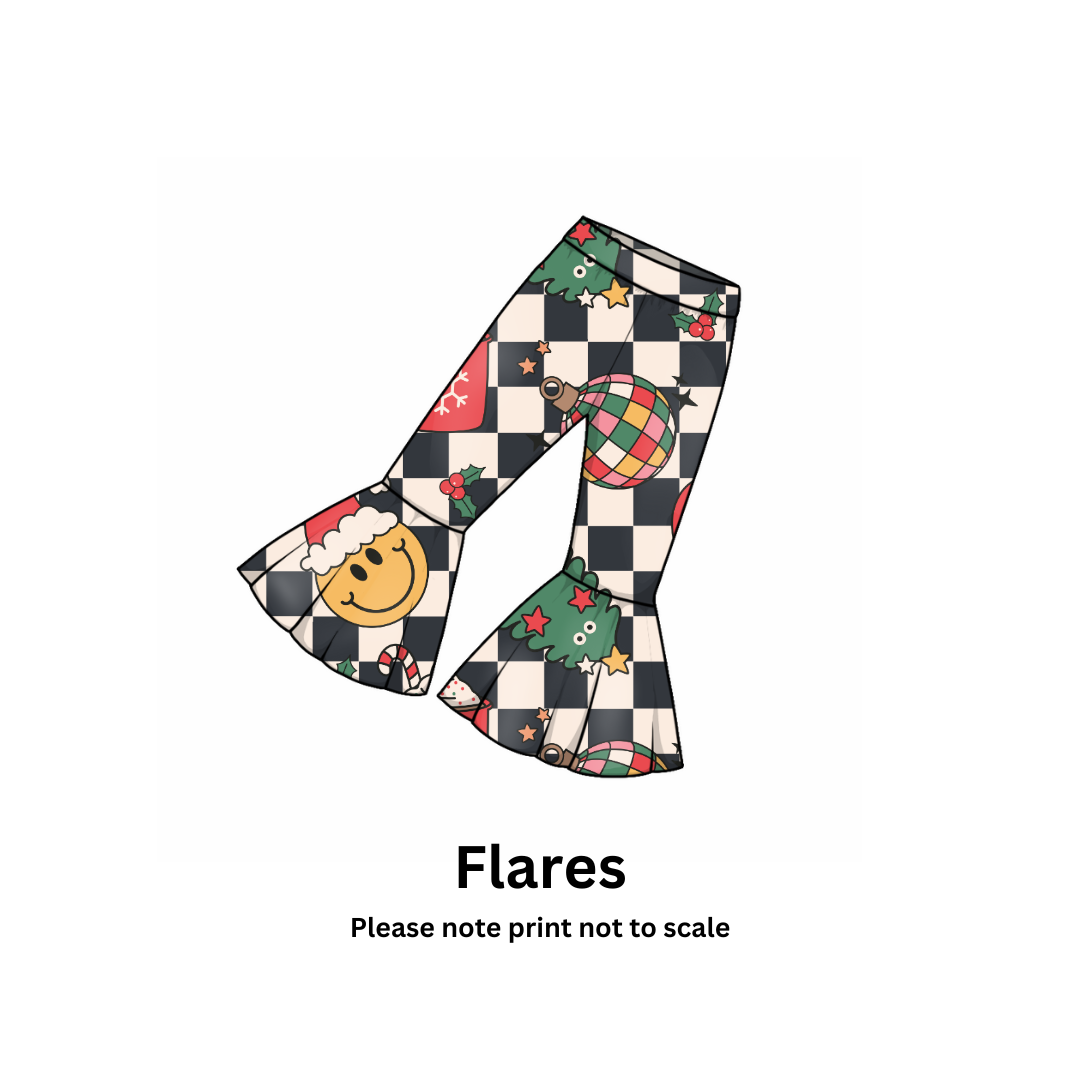 Checkered flared pants with festive patterns