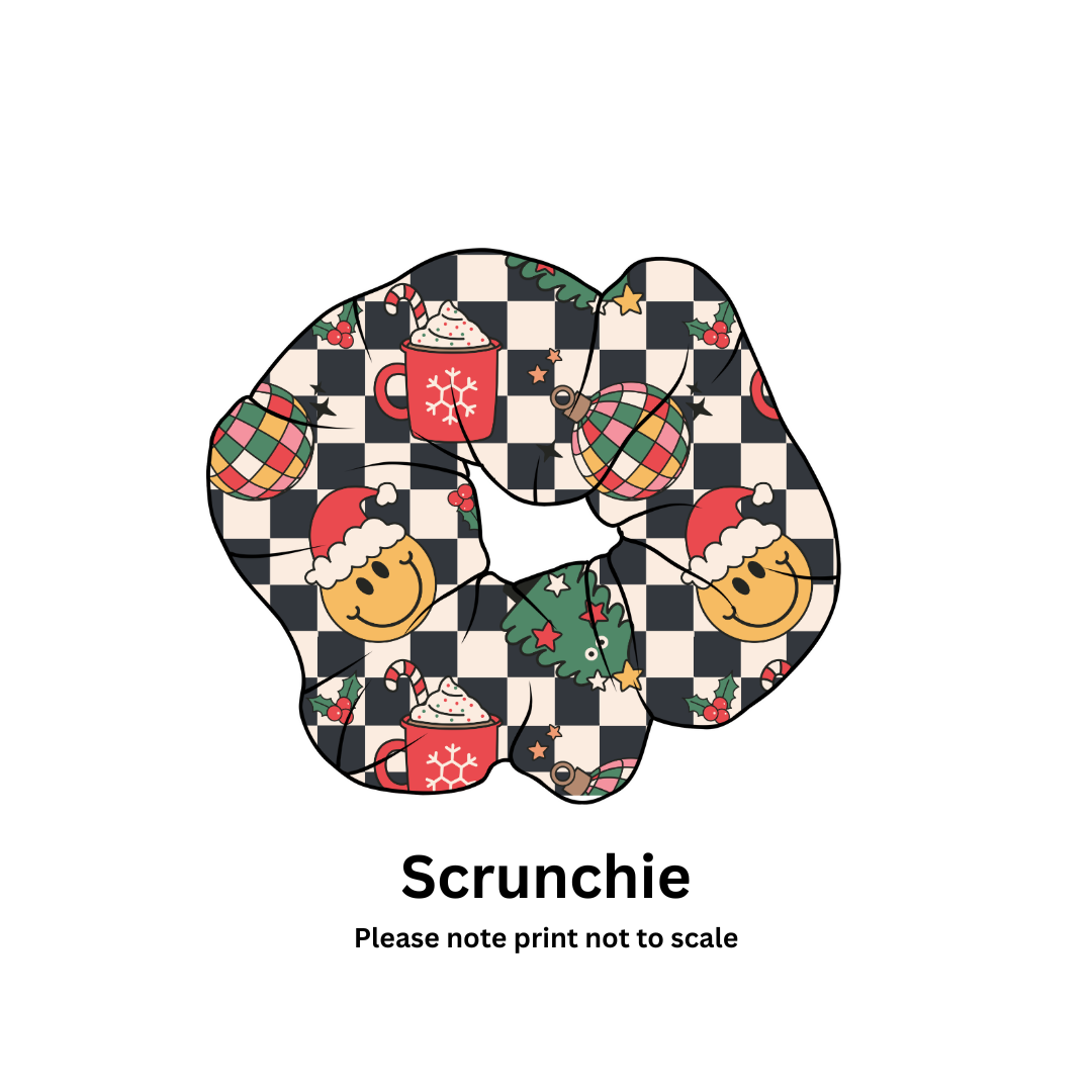 Checkered scrunchie with Christmas-themed design