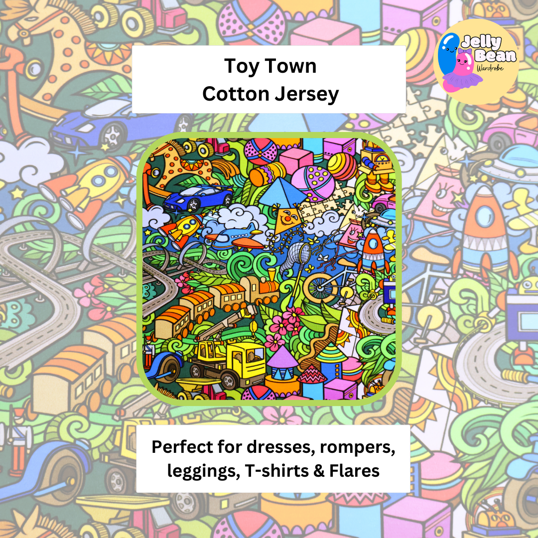 Toy Town - Jersey perfect for kids clothing - dresses, rompers, leggings, T-shirts, Flares