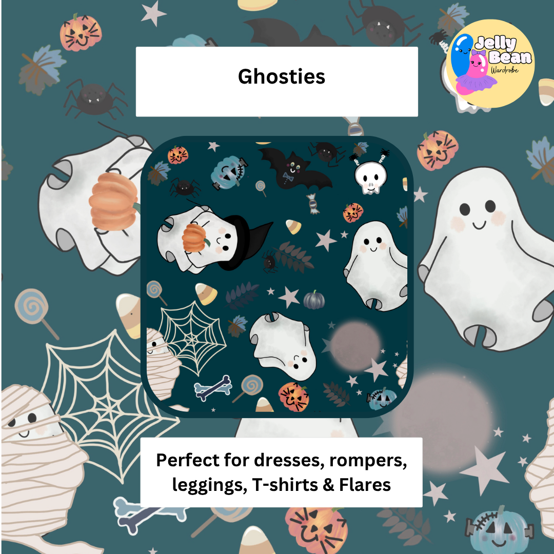 Ghosties – Handmade Halloween Kids Clothing | Custom Order | Cotton jersey perfect for kids leggings, rompers, T-shirts and dresses