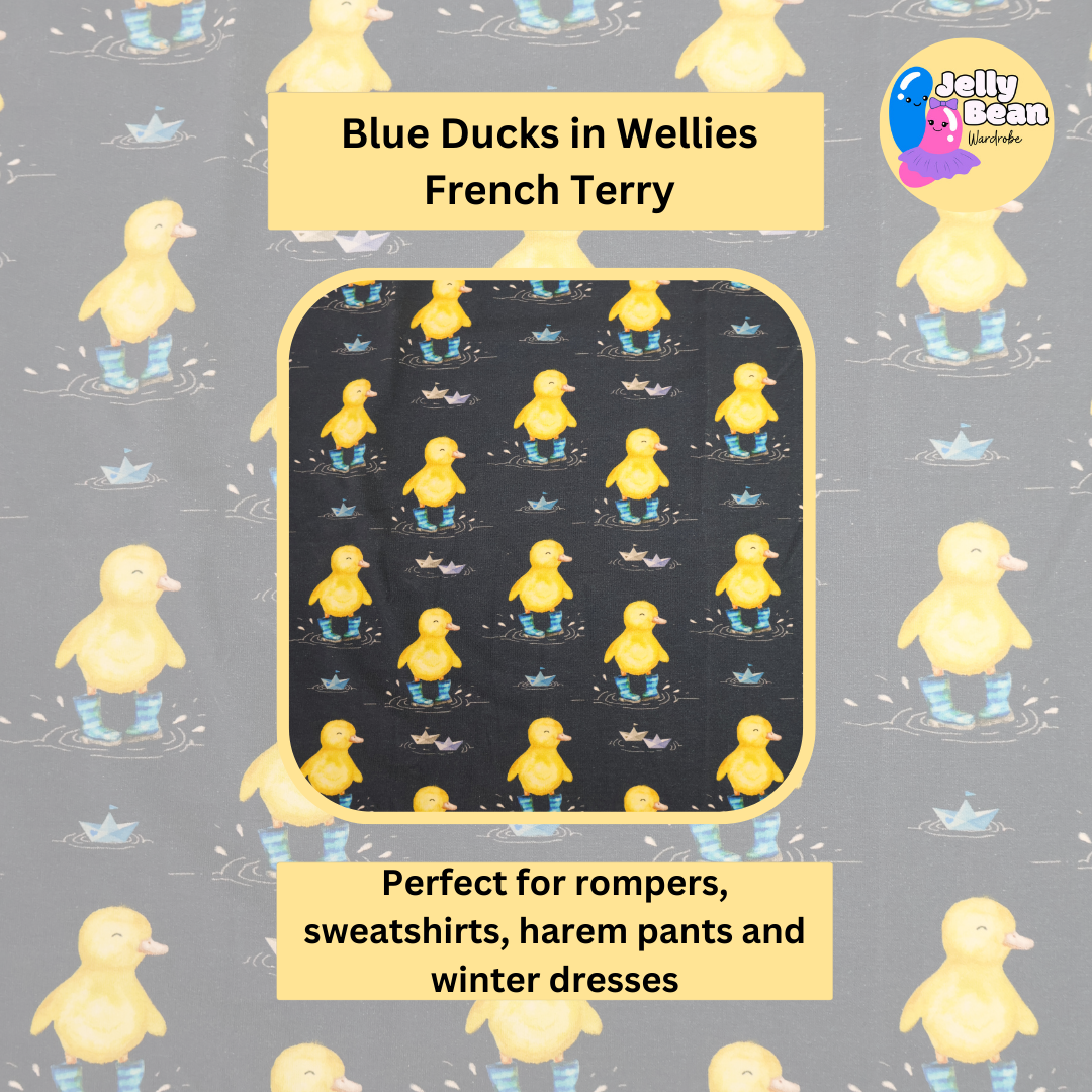 Blue ducks in wellies - French Terry perfect for unique custom kids clothing - rompers, sweatshirts, harem pants, dresses