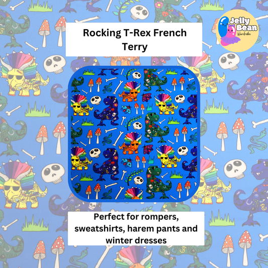 Rocking T-rex dinosaurs - French Terry perfect for unique custom kids clothing - rompers, sweatshirts, harem pants, dresses