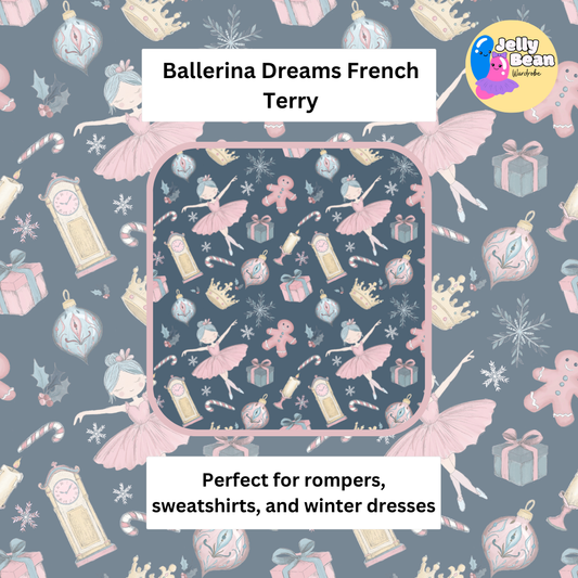 Patterned fabric with ballerina design on a blue background, featuring text and Jelly Bean brand logo.