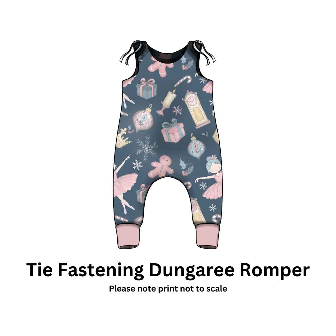 Tie fastening dungaree romper with fairy and gift print 