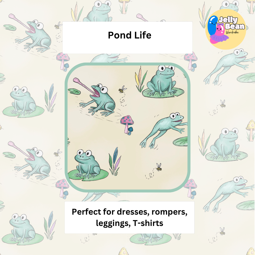 Pond Life Frog Print Fabric – Handmade Baby & Children’s Clothing (Dresses, Rompers, T-Shirts UK)
