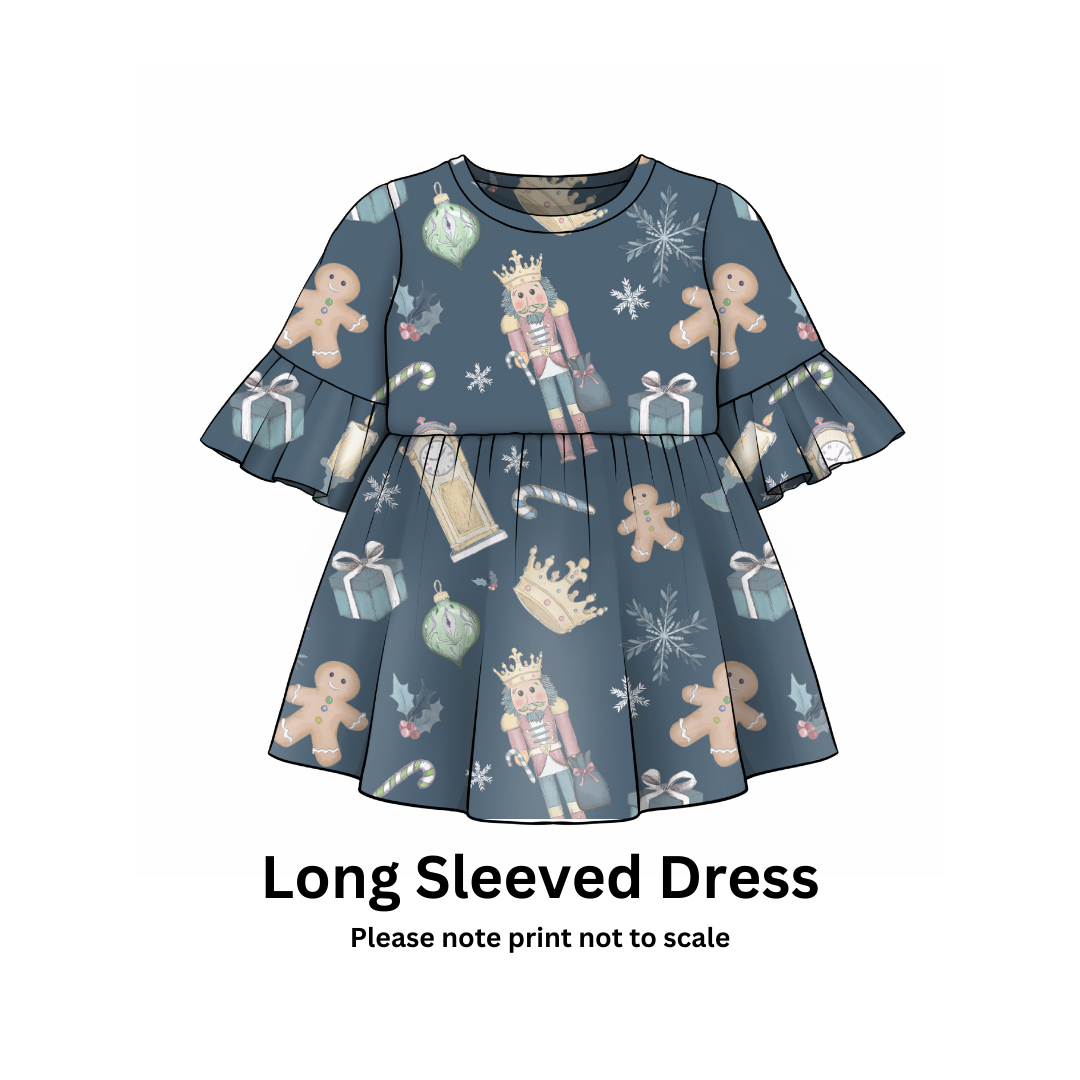 handmade Long-sleeved dress with Christmas-themed nutcracker pattern