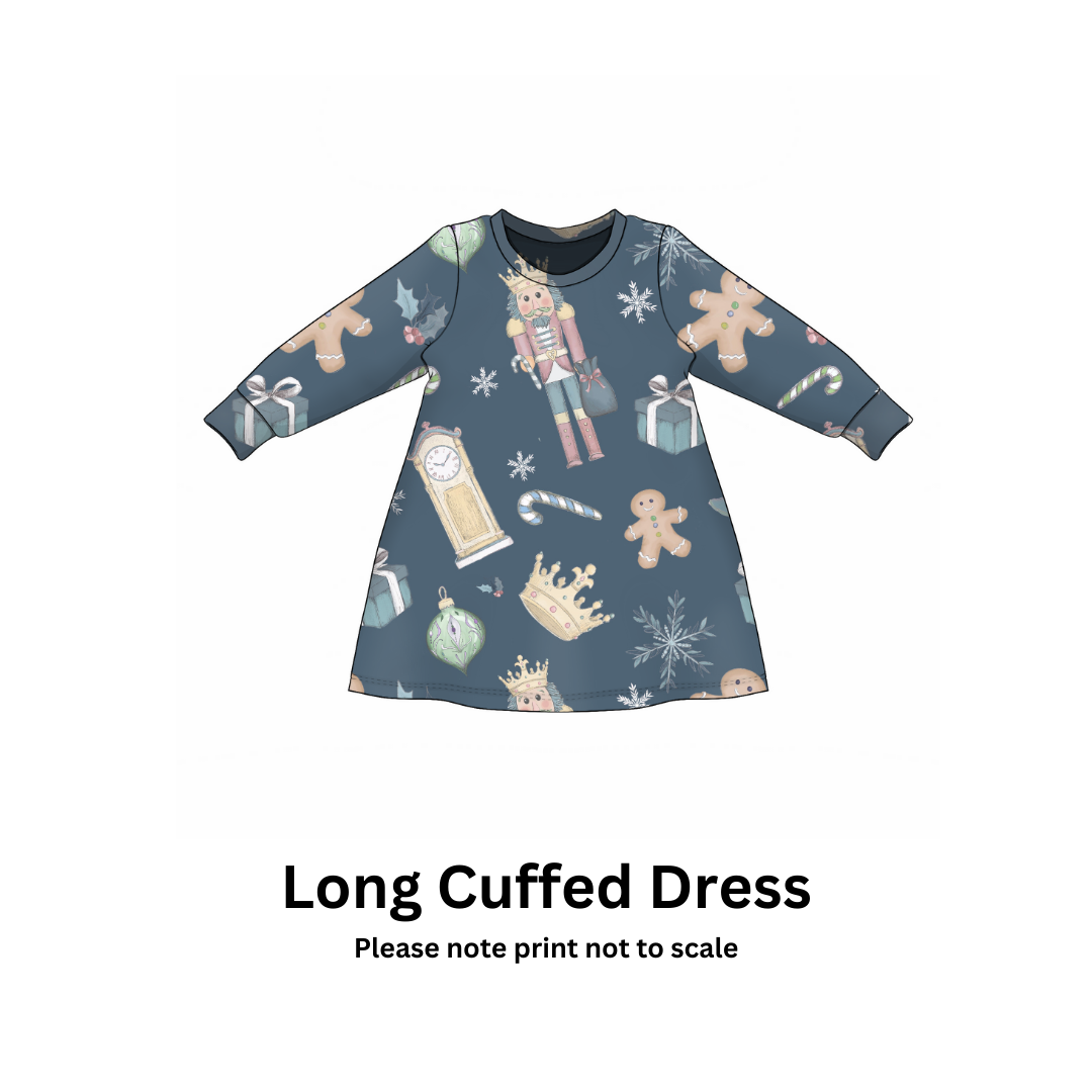 Children's long cuffed dress with nutcracker themed pattern