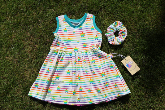 Rainbow Star Stripe Dress with Matching Scrunchie