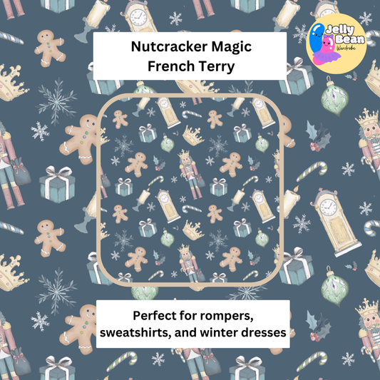 Nutcracker themed french terry fabric on a blue background, featuring gingerbread men, presents, and clocks.
