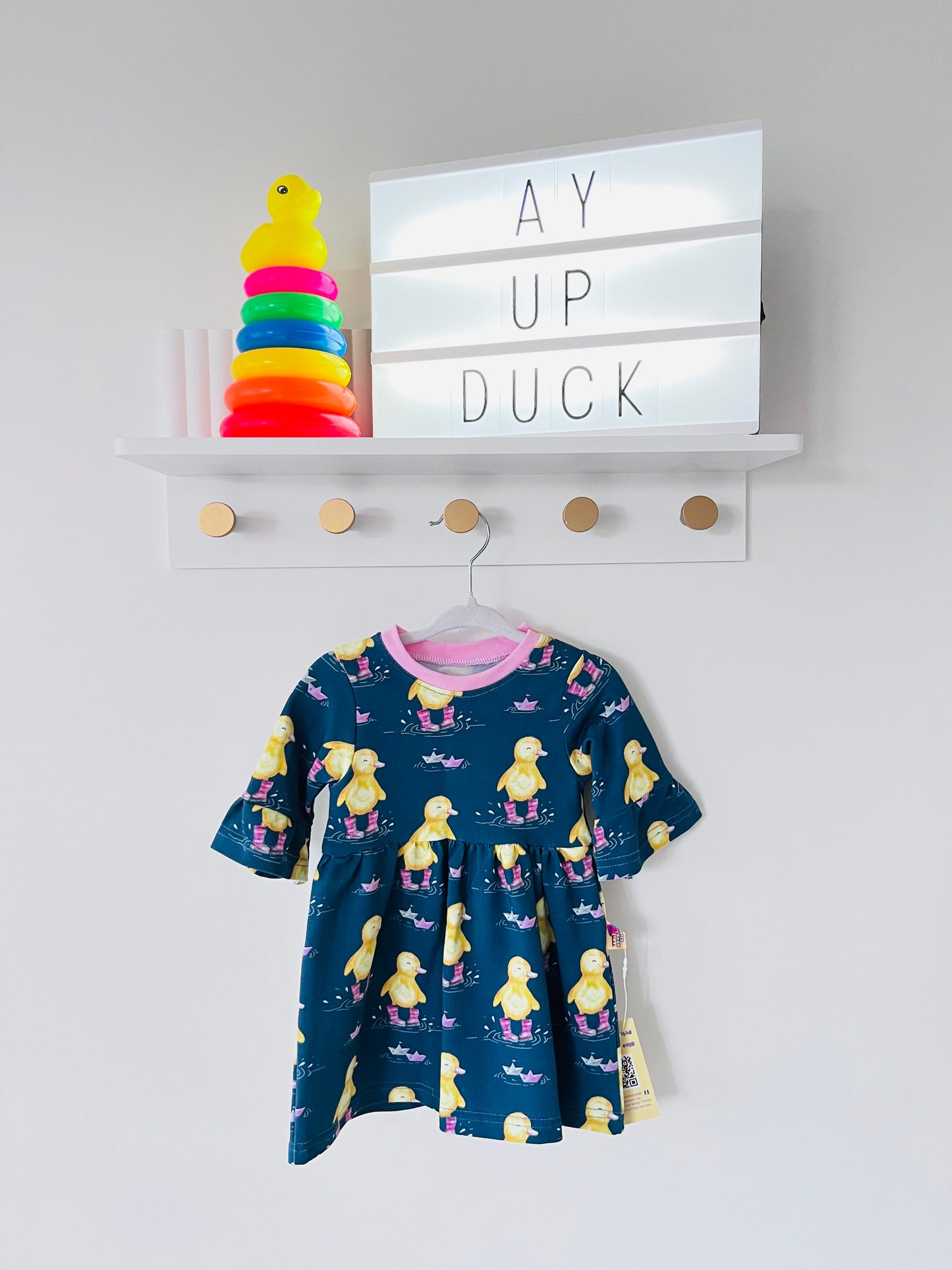 Pink Ducks In Wellies Baby and Toddler Gathered Long Sleeve Dress Ready To Ship