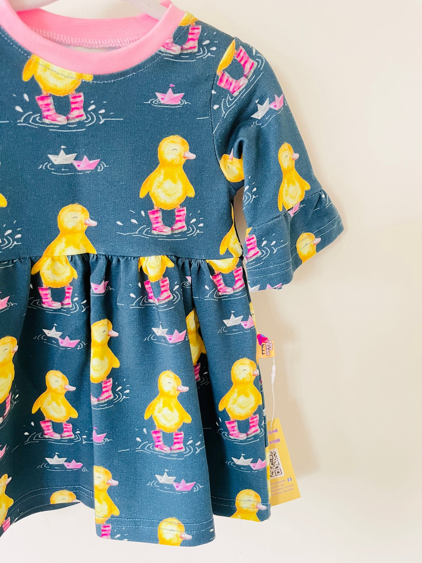 Pink Ducks In Wellies Baby and Toddler Gathered Long Sleeve Dress Ready To Ship