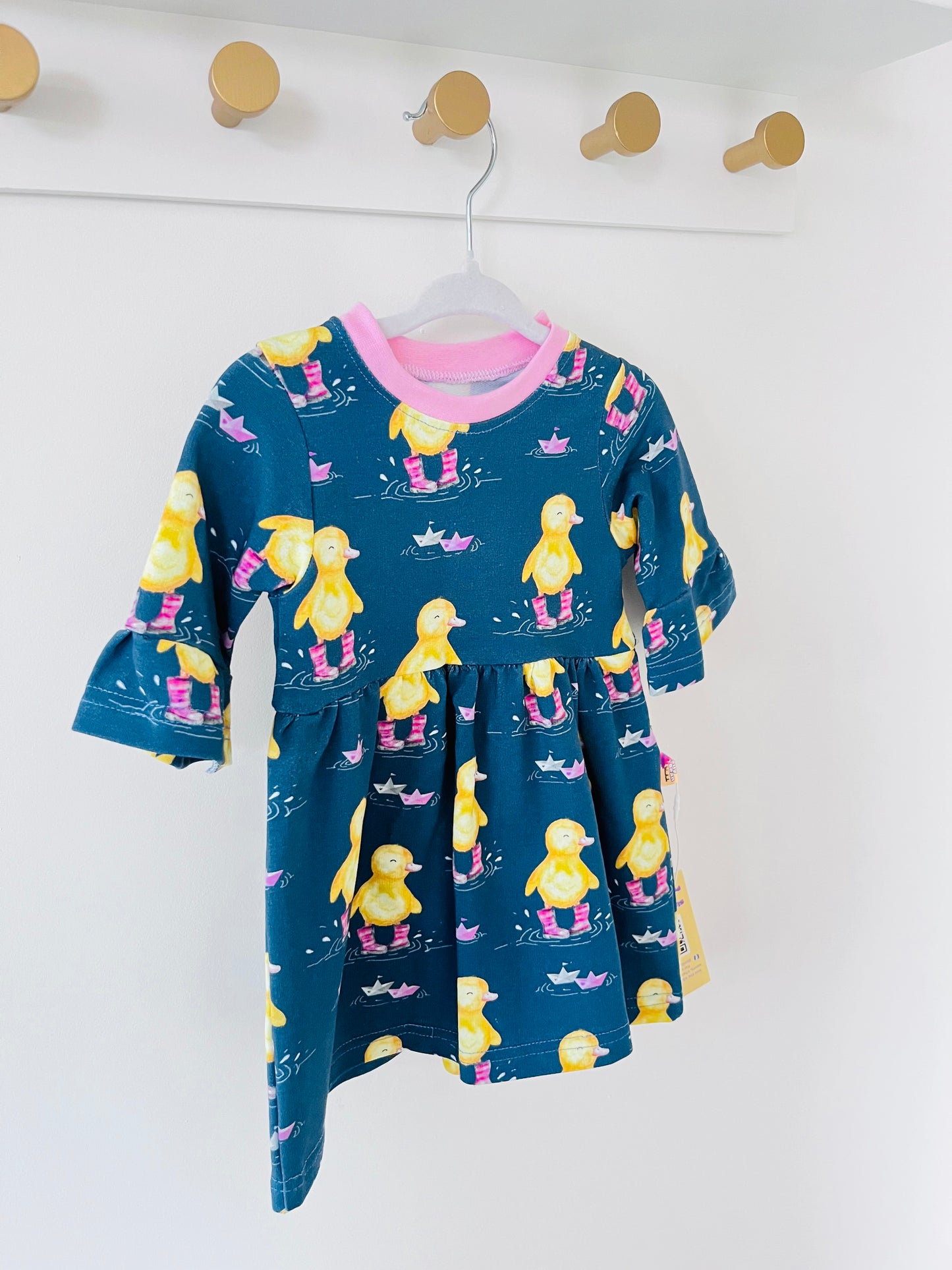 Pink Ducks In Wellies Baby and Toddler Gathered Long Sleeve Dress Ready To Ship