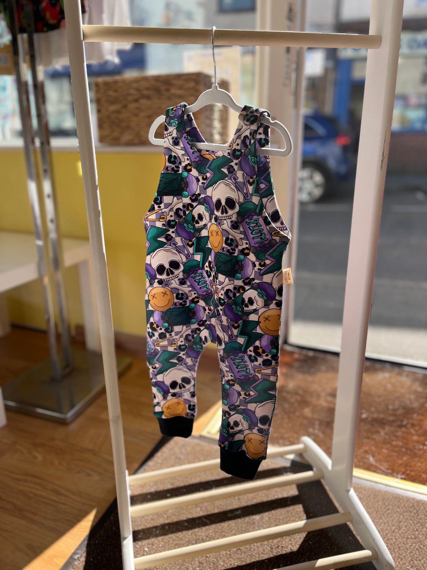 Handmade Baby Romper UK – Skater Skull Print – Ready to Ship Alternative Baby Outfit